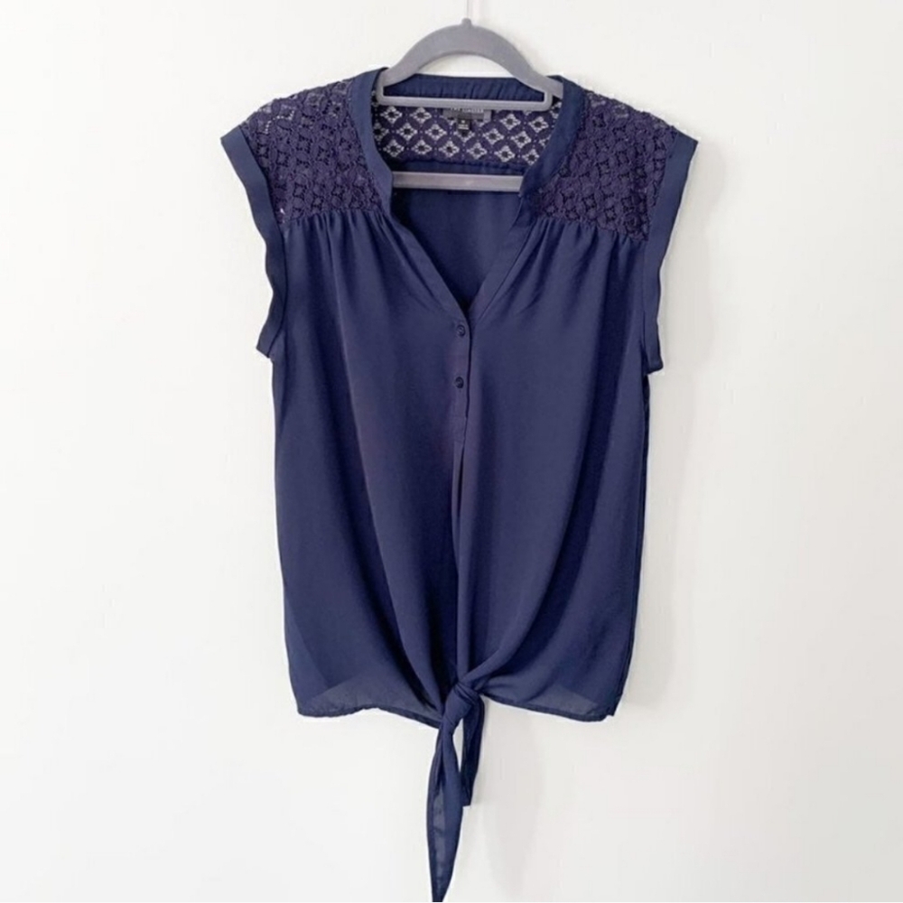 The Limited | Navy Blue Sleeveless Tie Front Blouse Flowy Lace Capped Sleeve